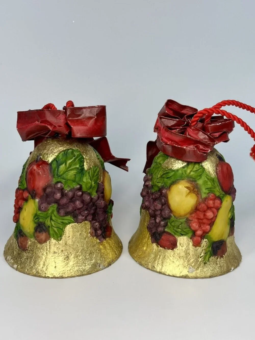 Dept 56 Gold Foil Bells RaisedFruit Design OrnamentWired Ribbon HTF Set Of 4